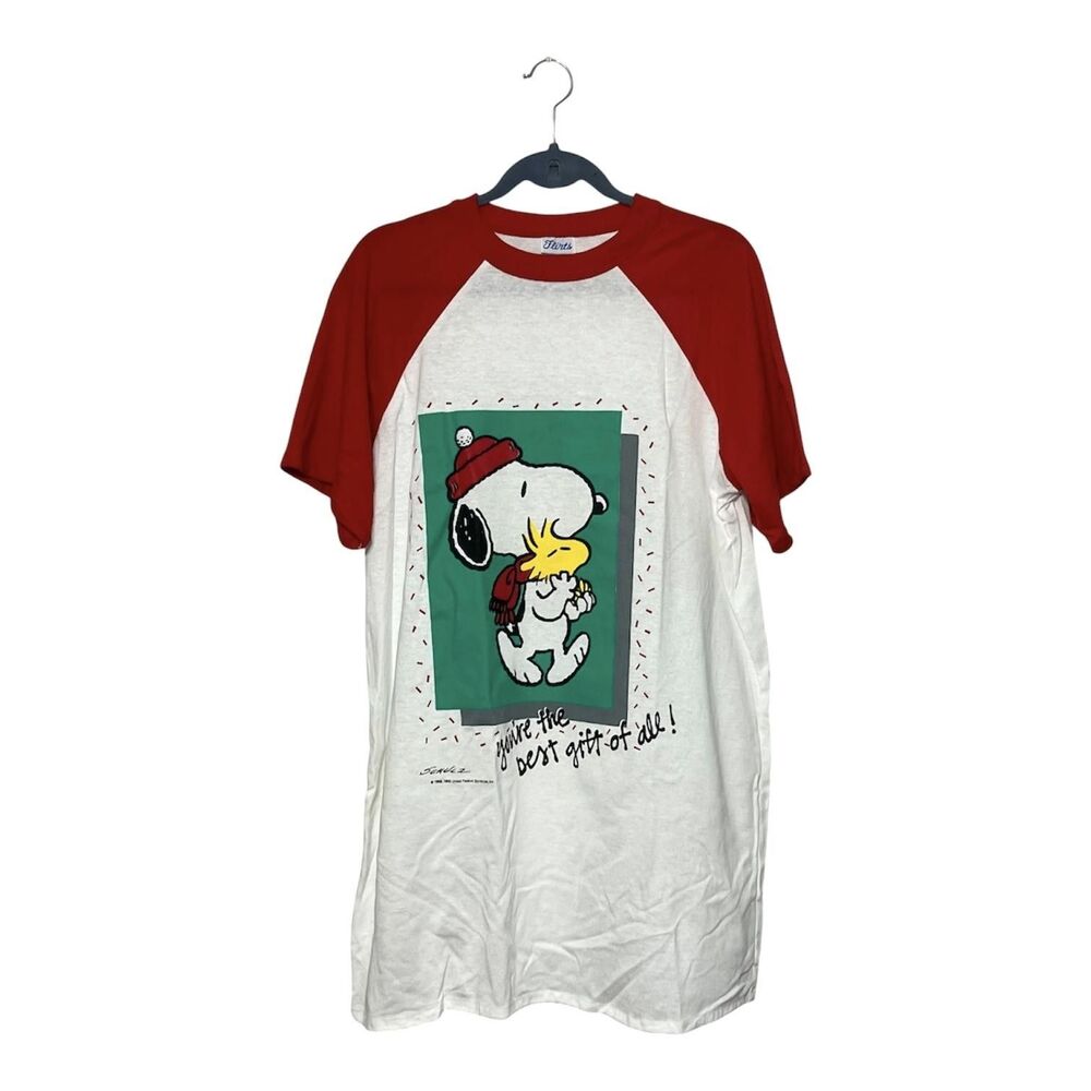 Vintage Snoopy Woodstock Sleep Shirt One Size Christmas Raglan Flirts Nightgown